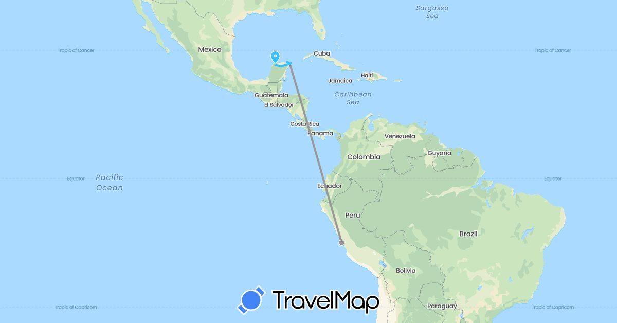 TravelMap itinerary: driving, plane, boat in Mexico, Peru (North America, South America)